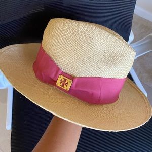 Tory Burch Toquilla Straw Logo Embellished Hat with dark pink ribbon